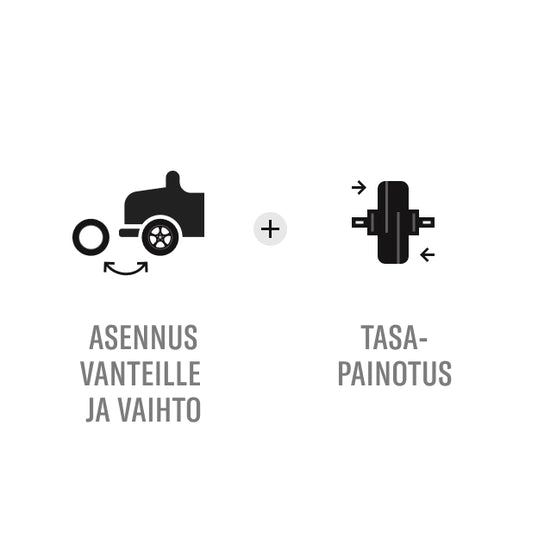 Renkaiden asennus vanteille + tasapainotus + asennus autoon